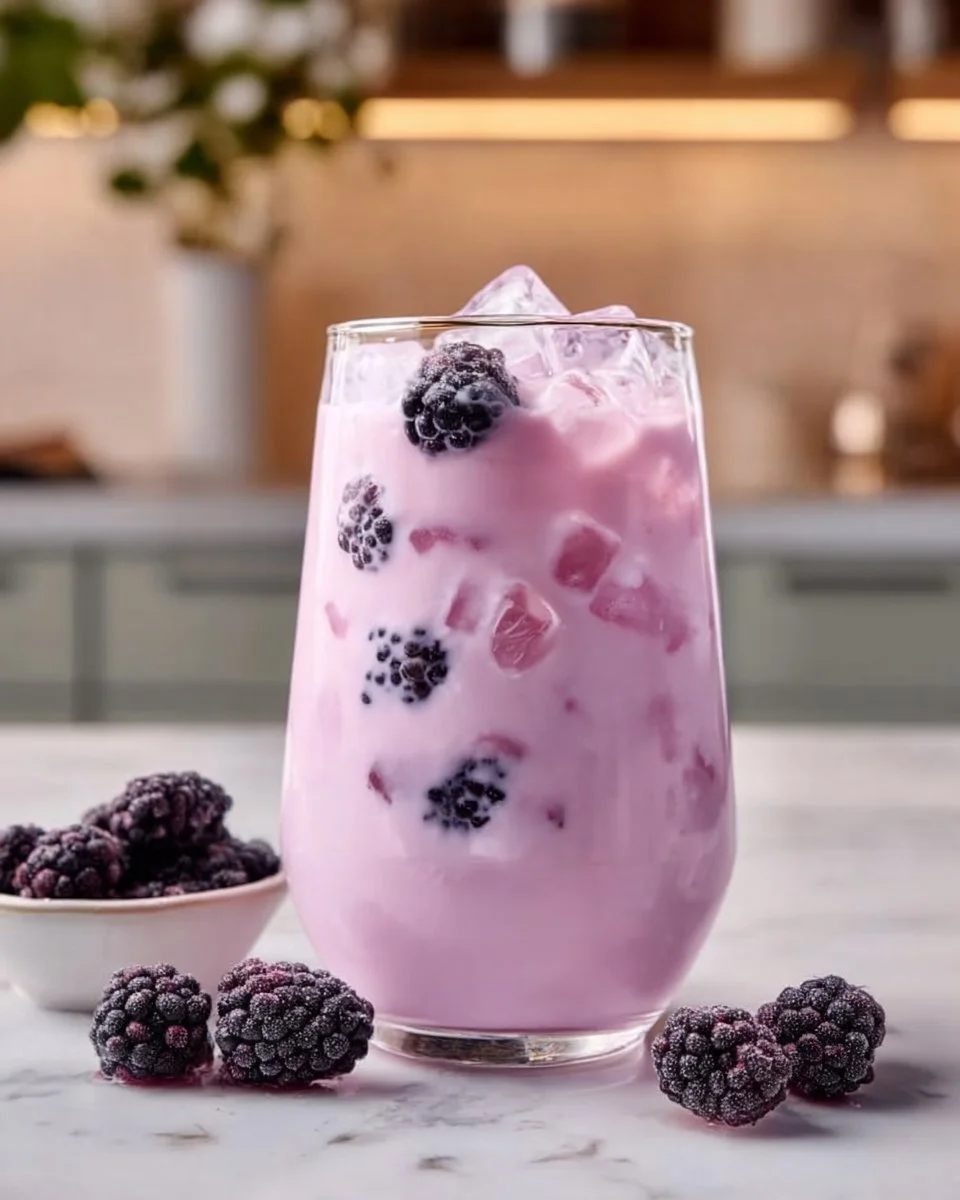 Homemade blackberry coconut drink served in a glass with ice and fresh berries