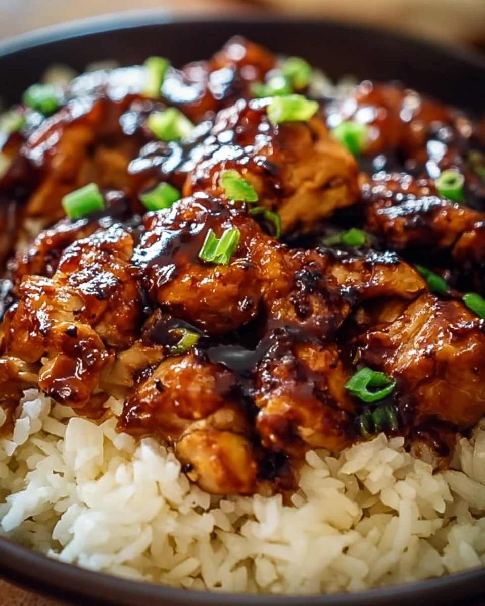 Honey BBQ Chicken Rice dish garnished with herbs and served on a plate.
