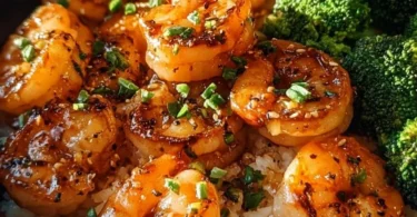 Delicious honey garlic shrimp bowl with vegetables and rice for dinner