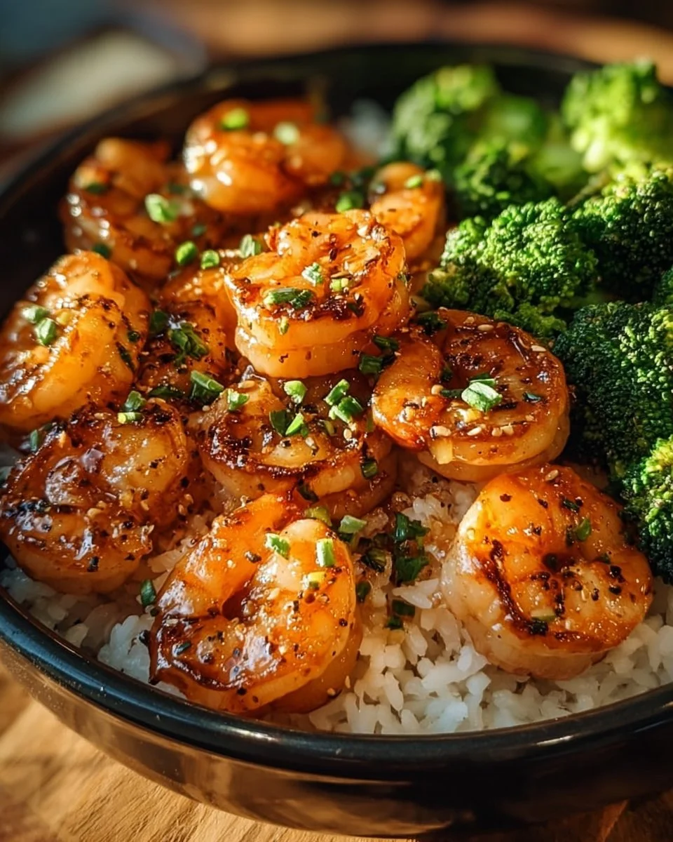 Delicious honey garlic shrimp bowl with vegetables and rice for dinner