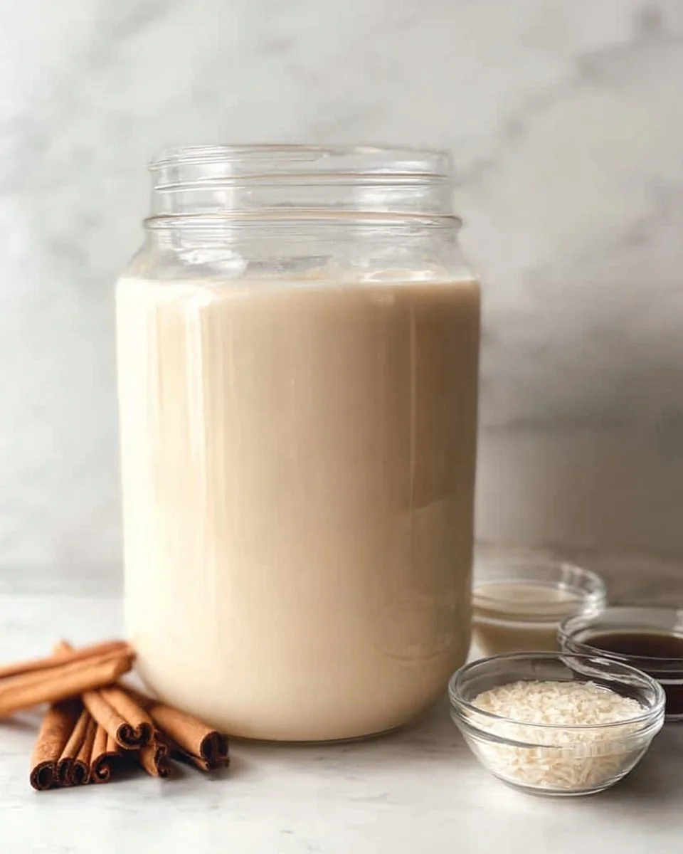 A glass of horchata topped with cinnamon and ice, showcasing the traditional beverage.