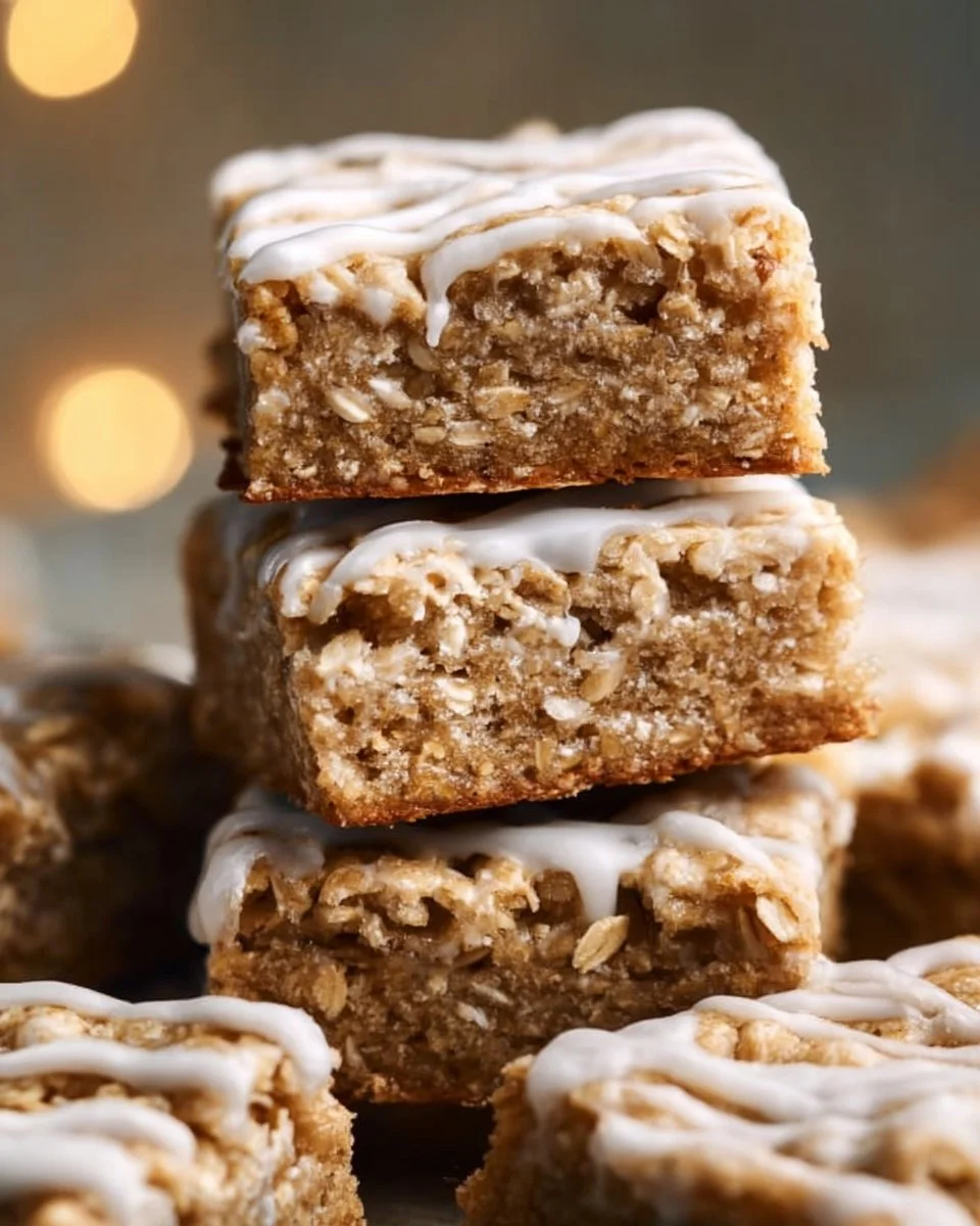 Delicious iced oatmeal cookie bars with a sweet glaze on top
