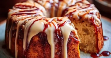 Delicious guava coffee cake fresh out of the oven, topped with glaze.