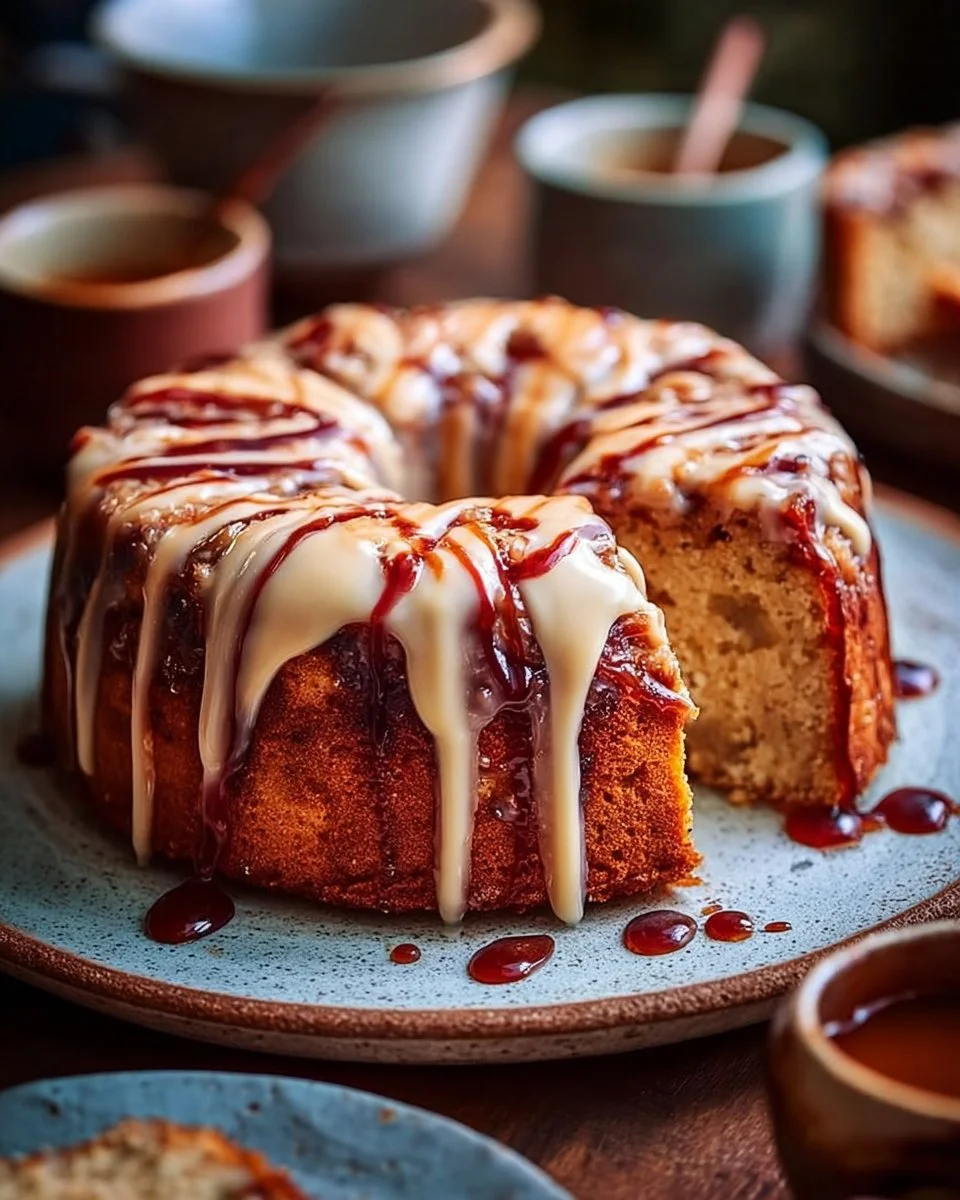 Delicious guava coffee cake fresh out of the oven, topped with glaze.