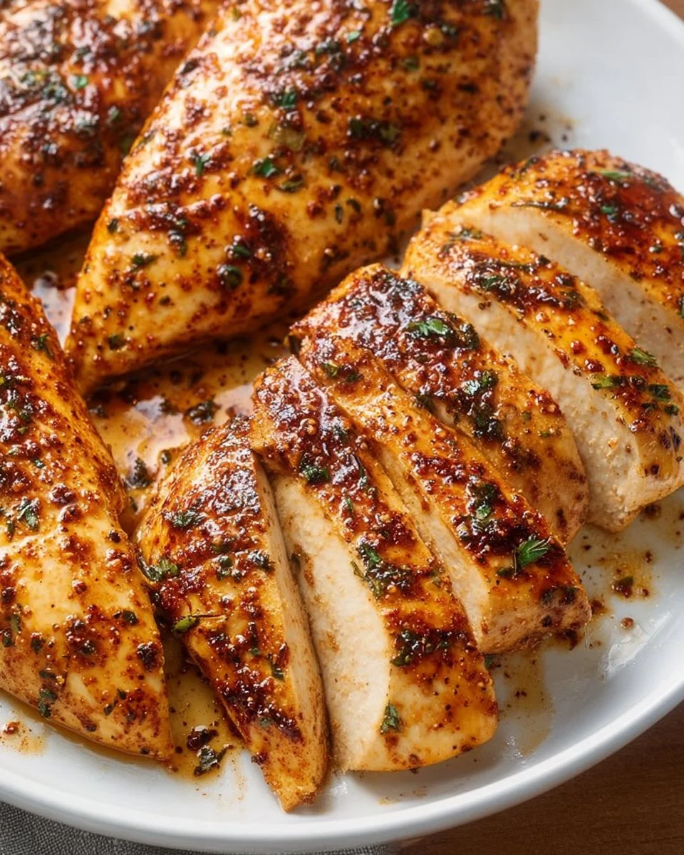 Juicy baked chicken breast fresh out of the oven, ready to serve for dinner.