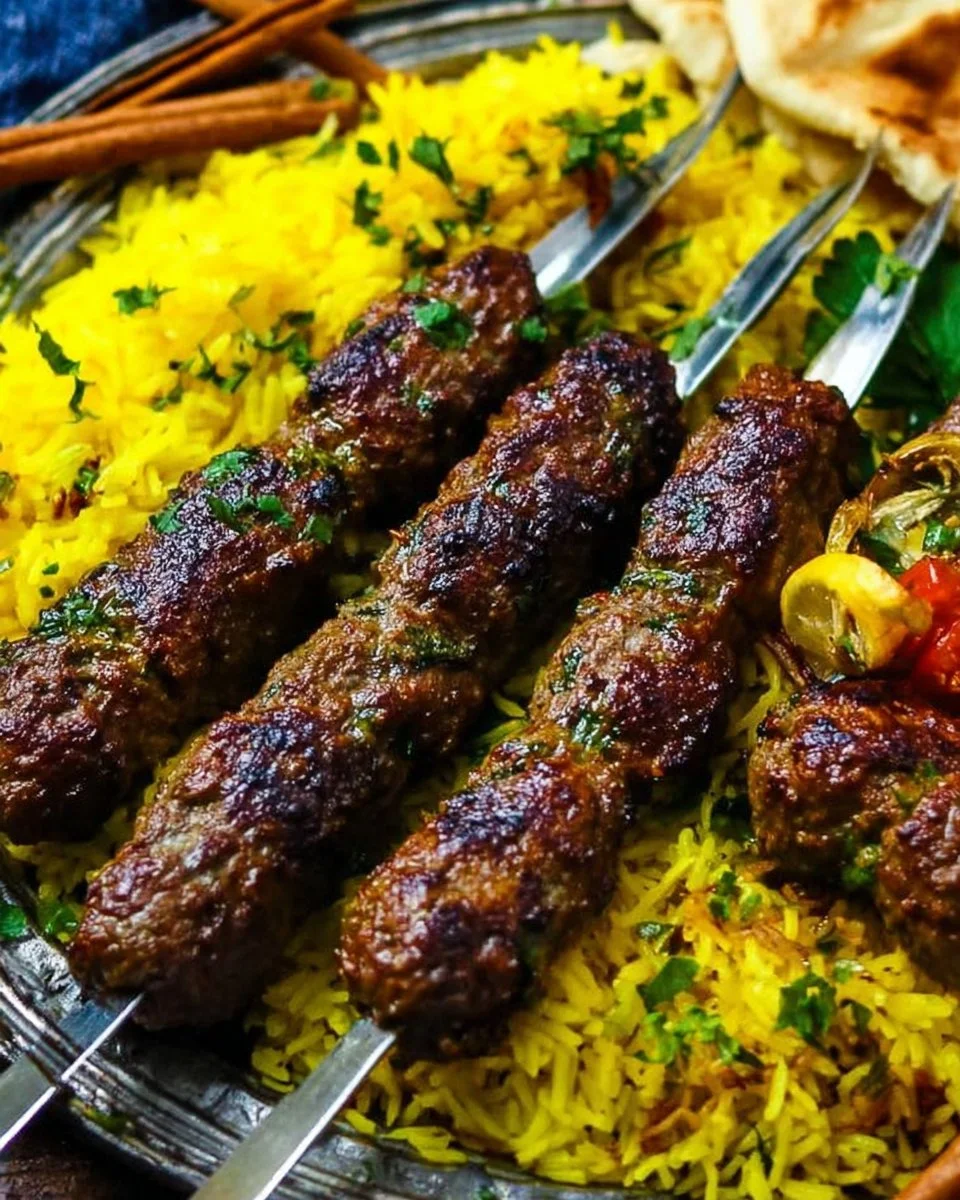 Plate of juicy Middle Eastern kebabs served with fresh vegetables and sauces.