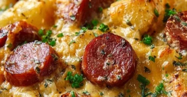 Cheesy kielbasa sausage potato casserole in a baking dish