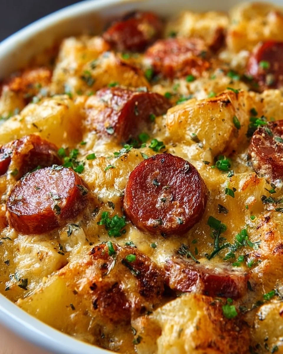 Cheesy kielbasa sausage potato casserole in a baking dish