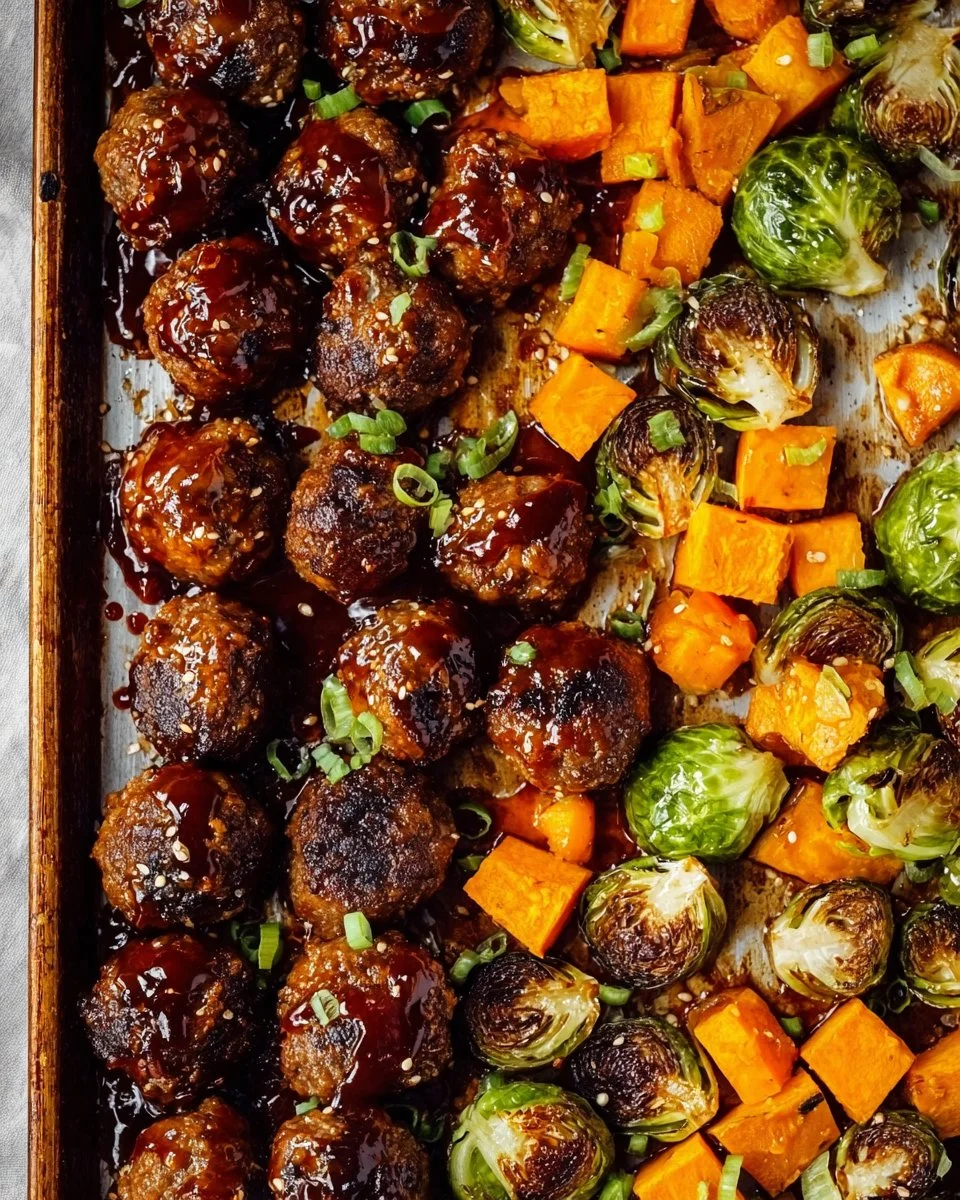 Juicy Korean BBQ meatballs on a plate garnished with sesame seeds and herbs.