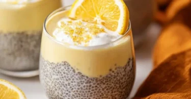 Lemon Cream Chia Pudding made with oat milk served in a glass bowl