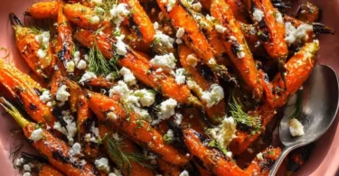 Plate of Lemon Dijon Roasted Carrots garnished with herbs