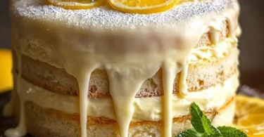 Sliced Limoncello Mascarpone Cake on a white plate with lemon garnish