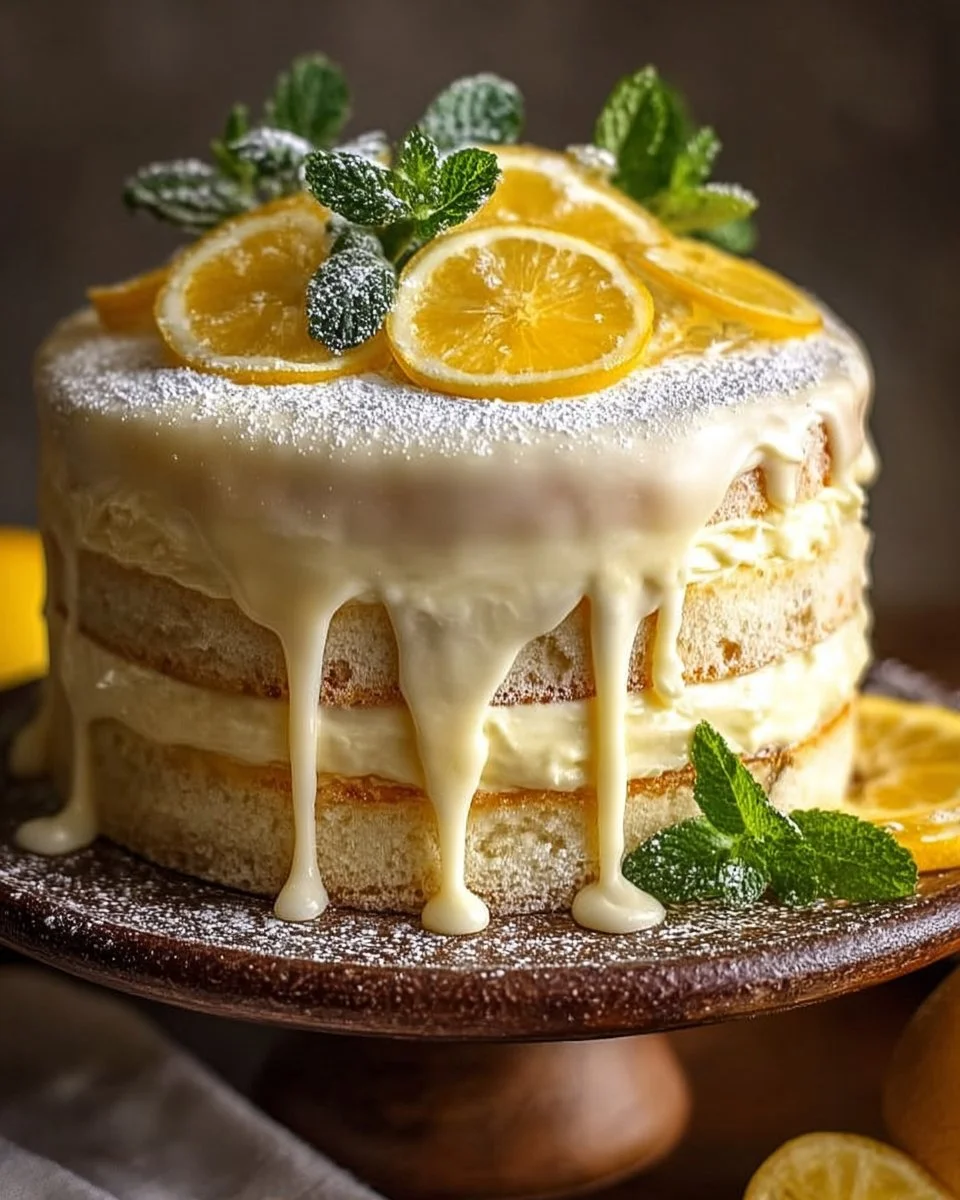 Sliced Limoncello Mascarpone Cake on a white plate with lemon garnish
