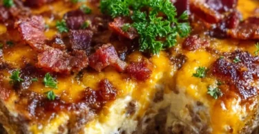 Low-carb bacon cheeseburger casserole topped with melted cheese and crispy bacon.