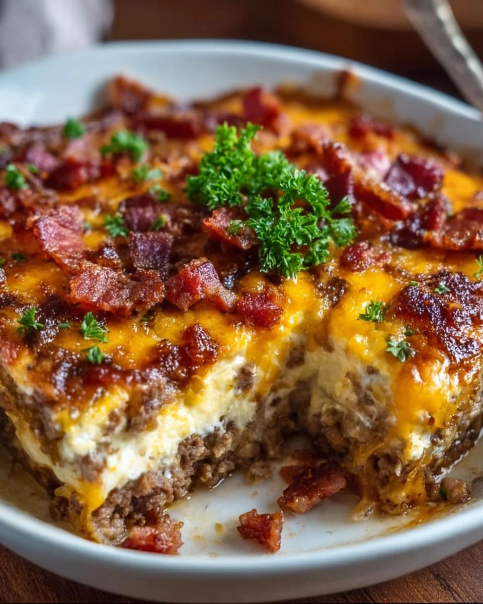 Low-carb bacon cheeseburger casserole topped with melted cheese and crispy bacon.