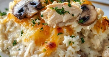 Creamy Million Dollar Chicken and Rice Casserole topped with cheese