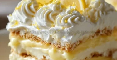 No-Bake Lemon Eclair Cake topped with lemon icing and fresh slices of lemon