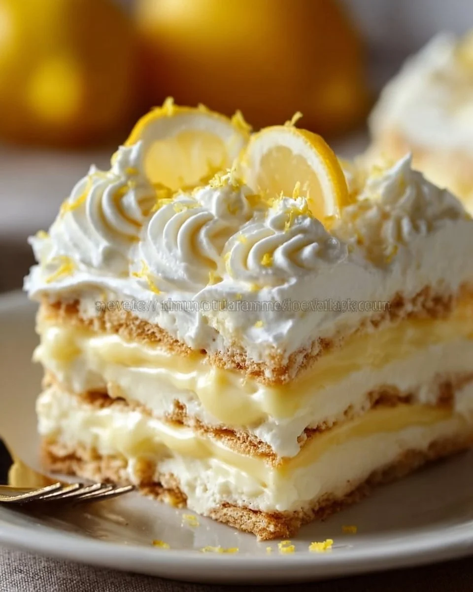 No-Bake Lemon Eclair Cake topped with lemon icing and fresh slices of lemon