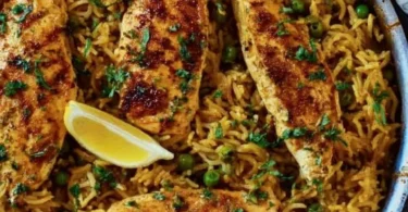 One Pan Mediterranean Chicken and Rice dish with vibrant veggies and spices