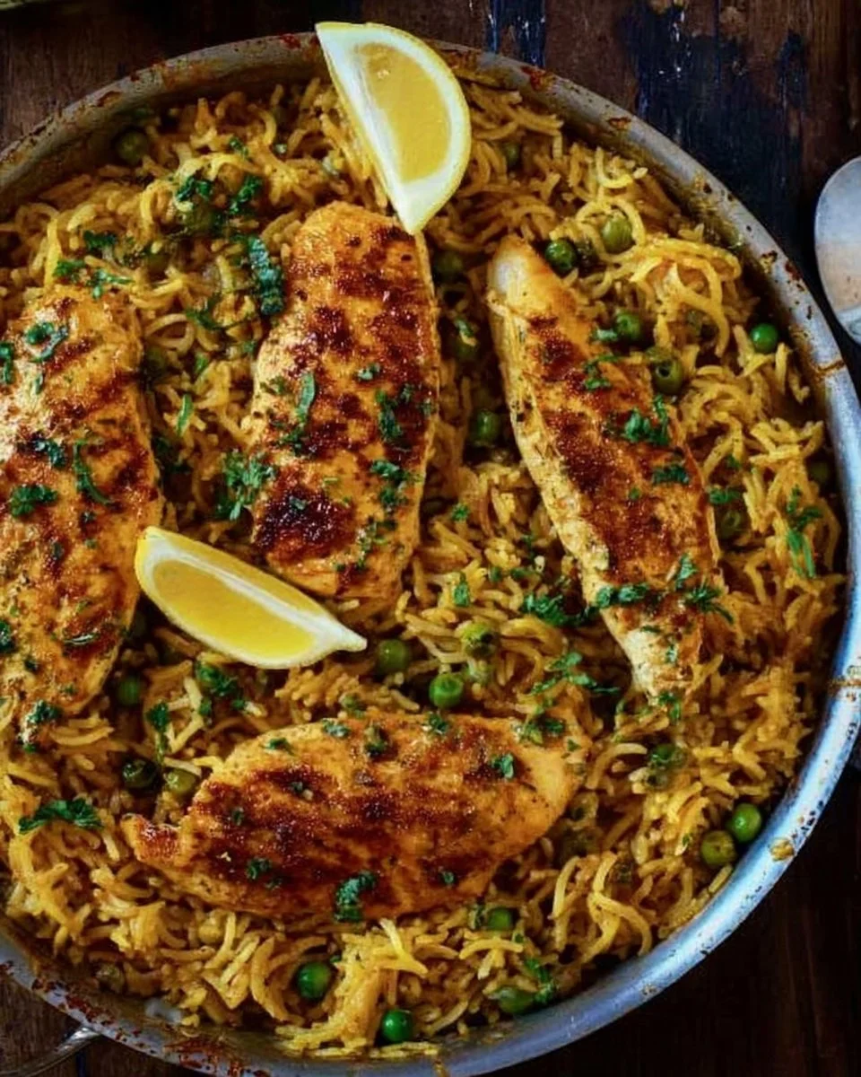 One Pan Mediterranean Chicken and Rice dish with vibrant veggies and spices