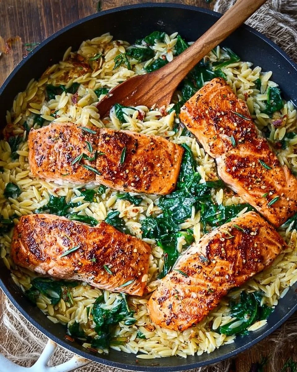 One Skillet Salmon served with lemon orzo on a plate
