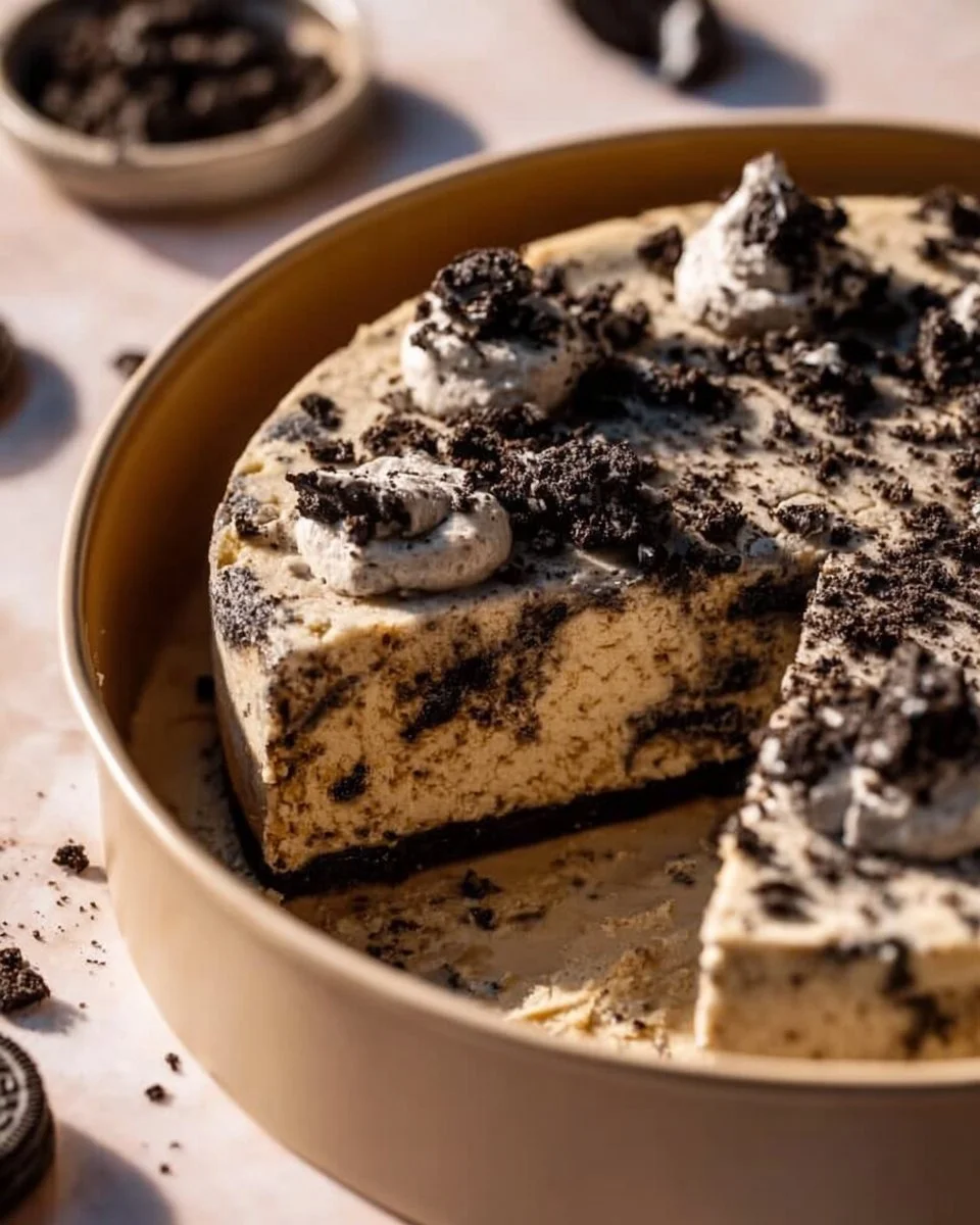 Delicious homemade Oreo Cookie Cake topped with crushed Oreos and frosting