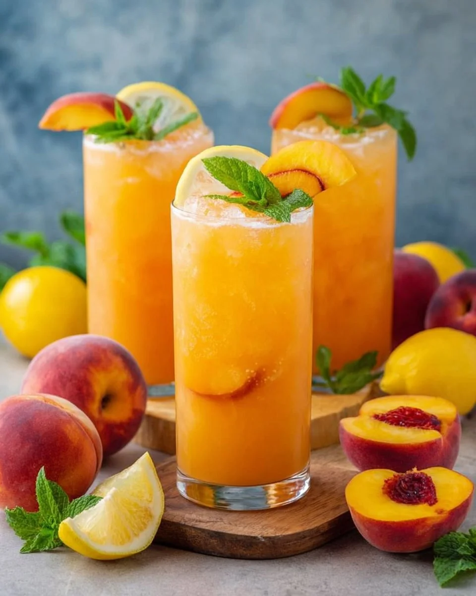 Refreshing glass of peach lemonade with fresh peaches and lemon slices