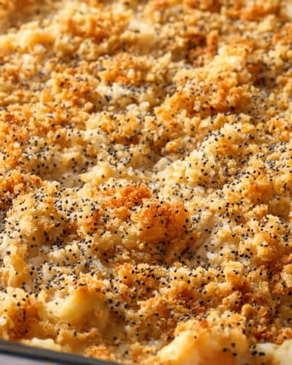 Pioneer Woman's Poppy Seed Chicken Casserole topped with crispy breadcrumbs and poppy seeds