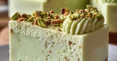 No-bake pistachio cheesecake topped with crushed pistachios and cream