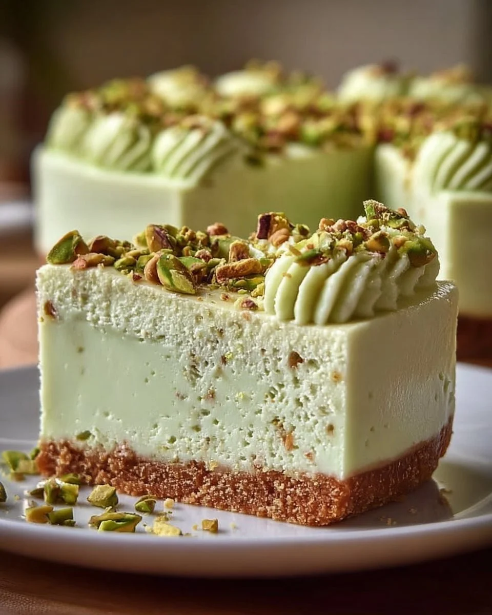 No-bake pistachio cheesecake topped with crushed pistachios and cream