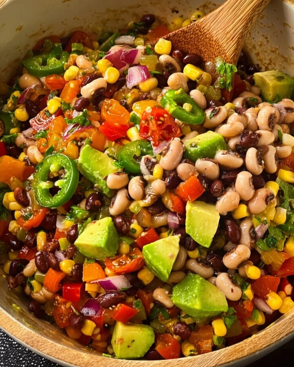 Quick and easy cowboy caviar with colorful vegetables and beans