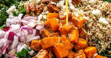 Roasted sweet potato kale salad with vibrant colors and healthy ingredients