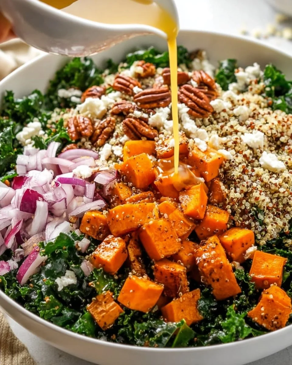 Roasted sweet potato kale salad with vibrant colors and healthy ingredients
