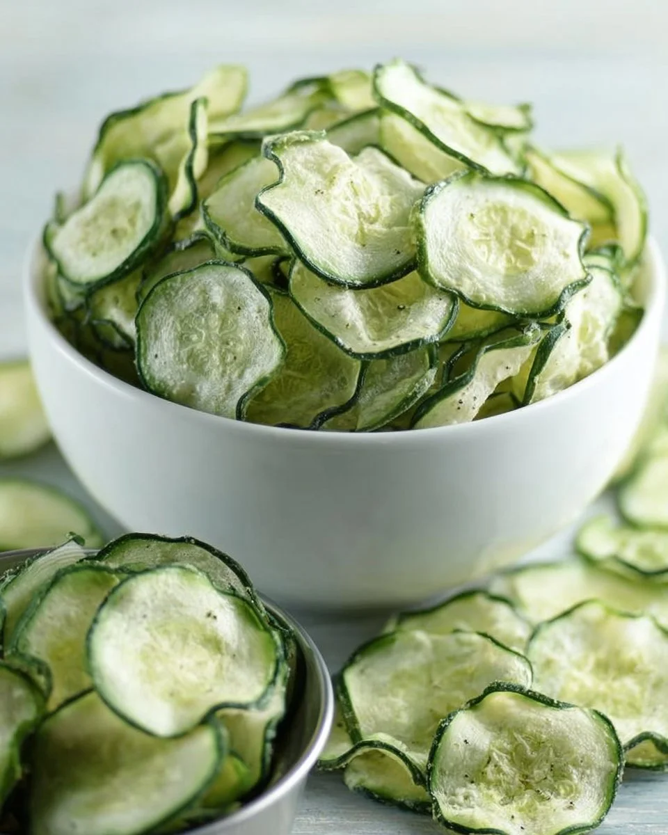 Homemade salt and vinegar cucumber chips on a plate