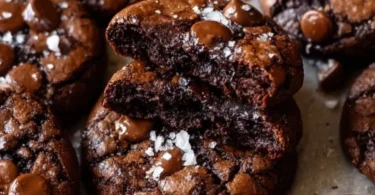 Delicious salted brownie cookies on a plate with a sprinkle of sea salt