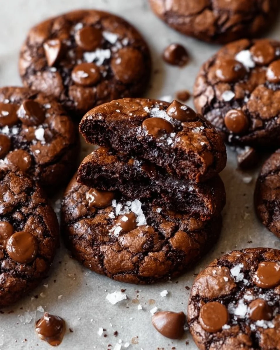 Delicious salted brownie cookies on a plate with a sprinkle of sea salt