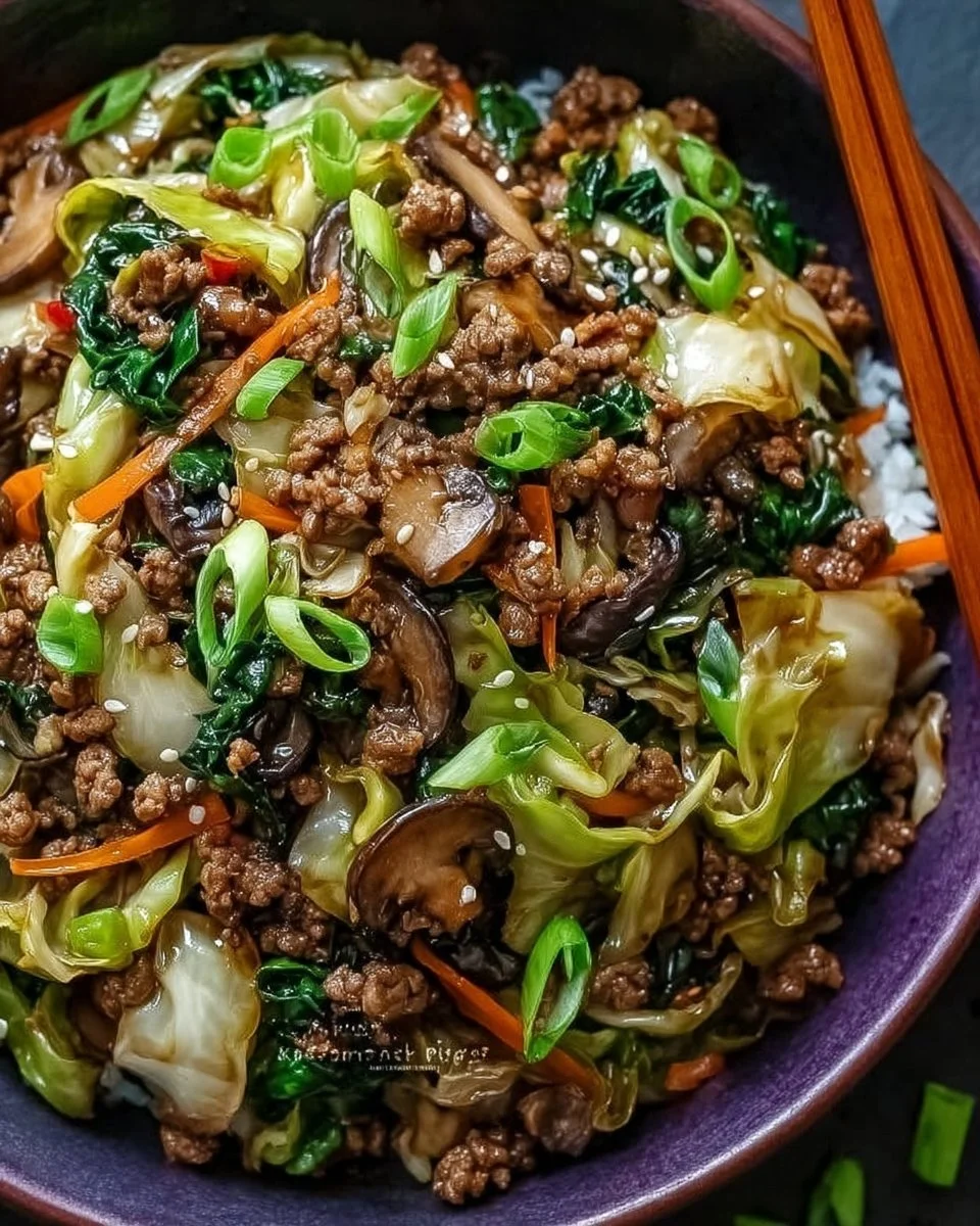 Savory Chinese ground beef stir fry with cabbage ready in 25 minutes