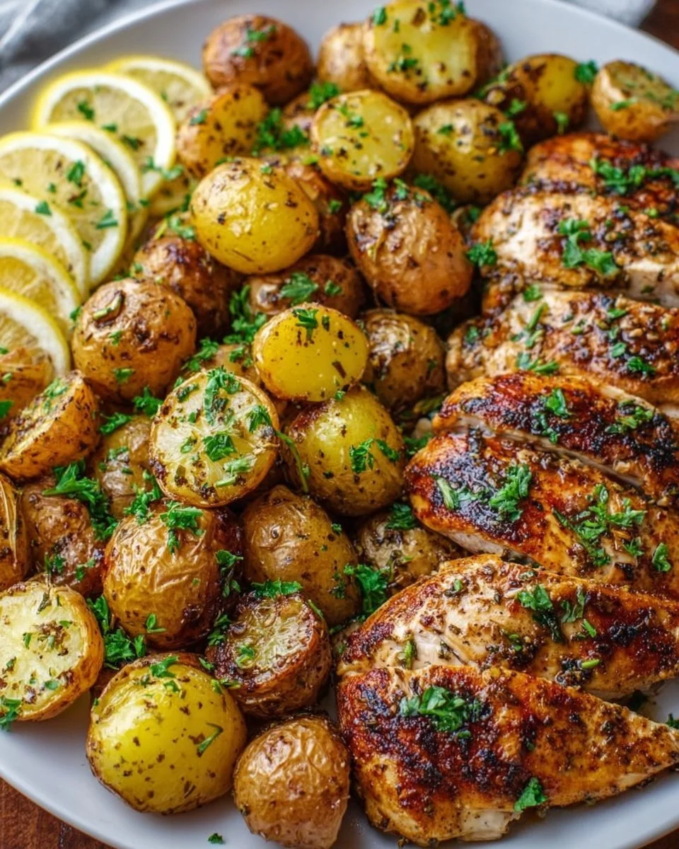 Sheet pan lemon balsamic chicken with roasted potatoes for a quick dinner