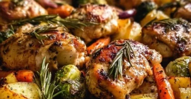 Sheet pan with lemon herb chicken and colorful roasted vegetables