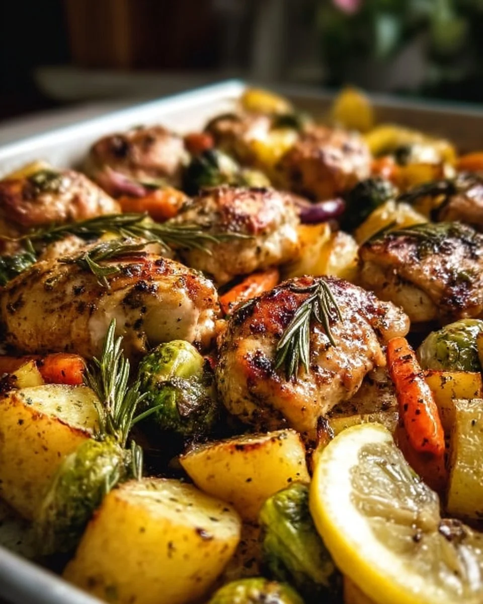 Sheet pan with lemon herb chicken and colorful roasted vegetables