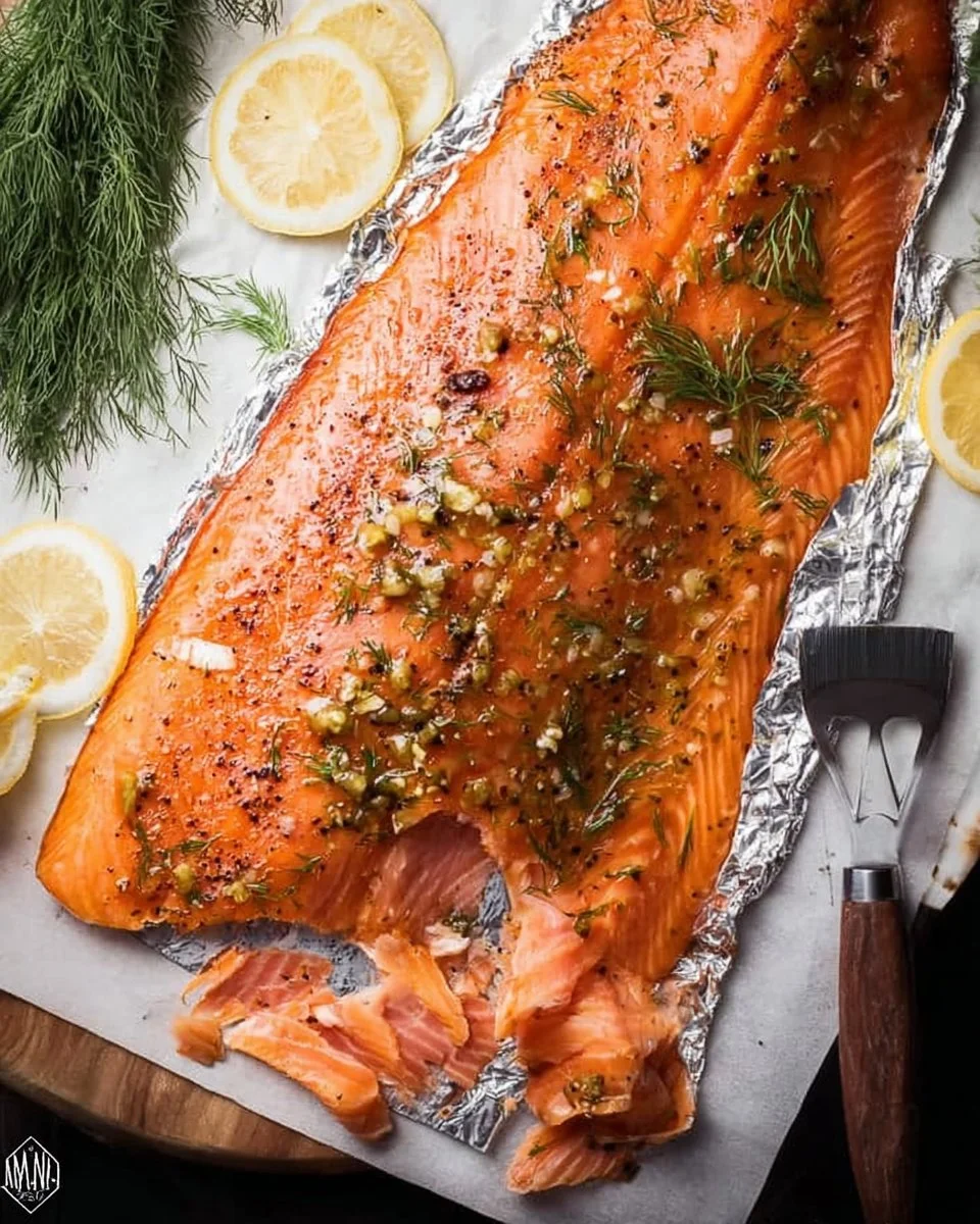 Homemade smoked salmon on a wooden board with herbs and lemon slices