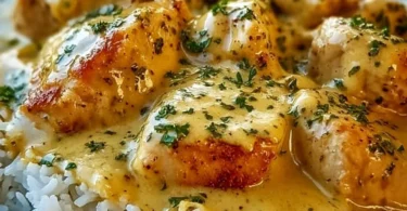 Plate of delicious smothered chicken and rice meal with savory sauce