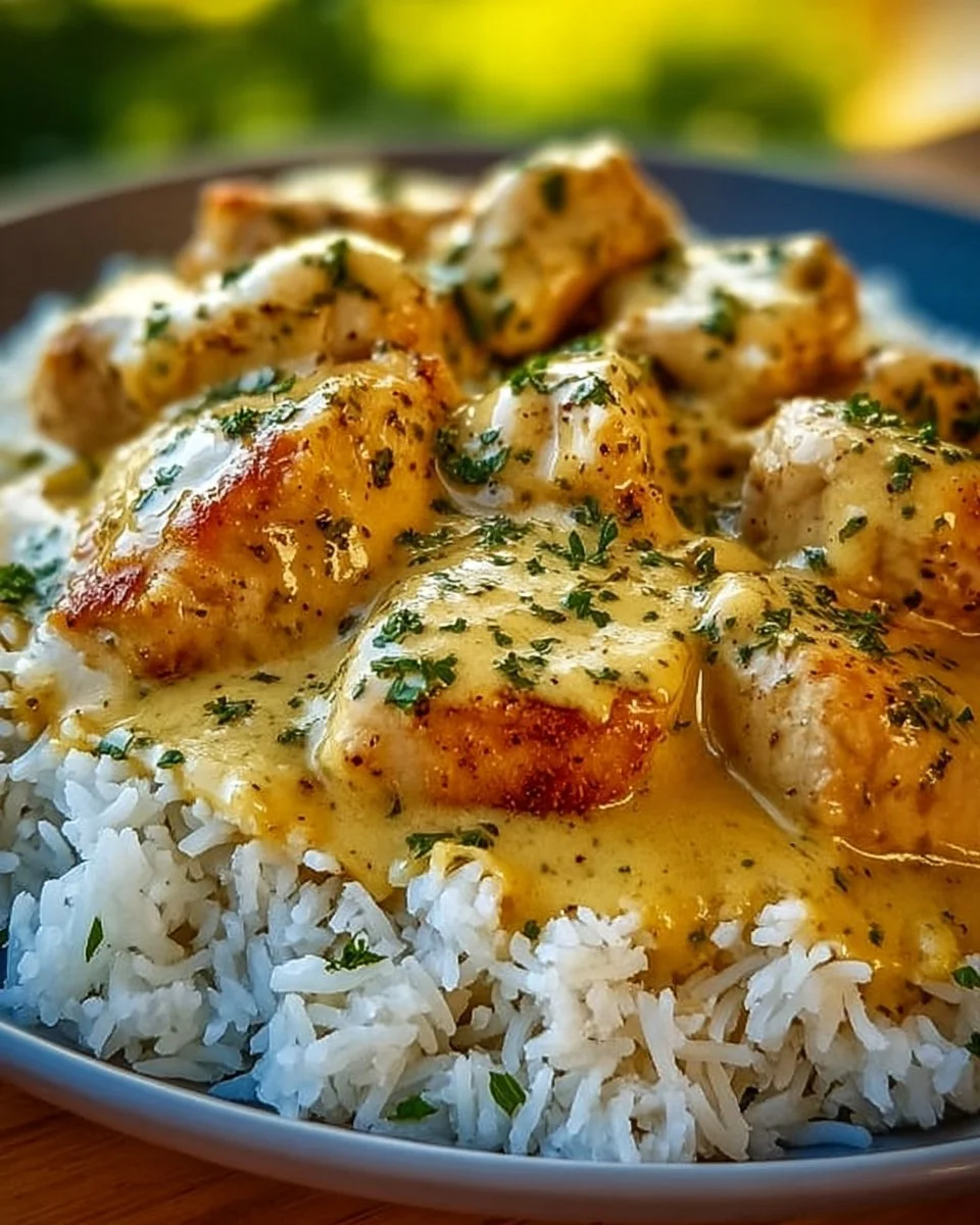 Plate of delicious smothered chicken and rice meal with savory sauce