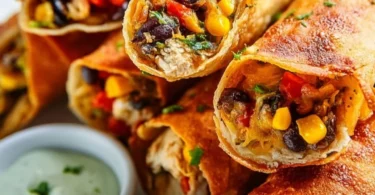 Delicious Southwest Egg Rolls filled with spicy vegetables and served with dipping sauce.
