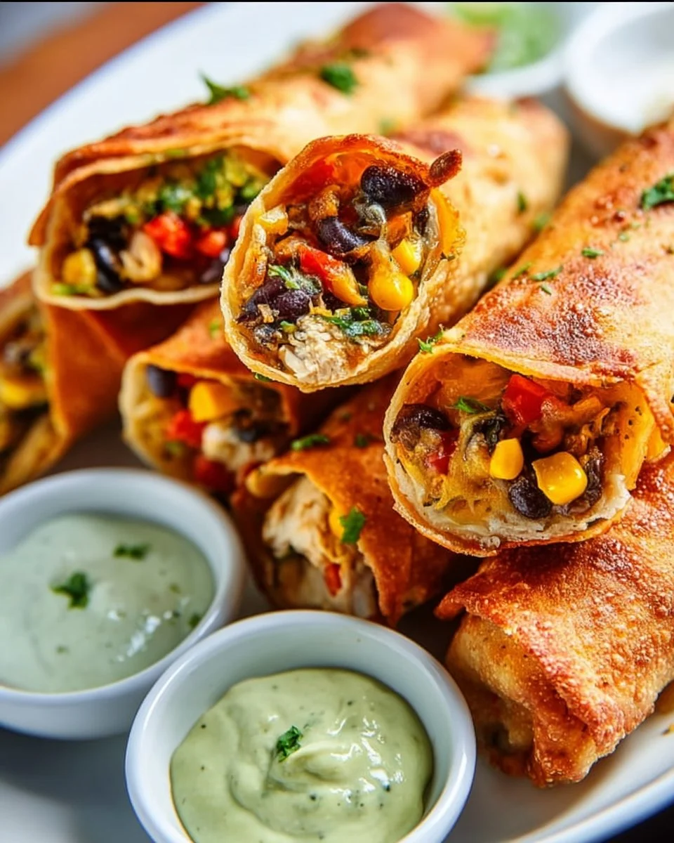 Delicious Southwest Egg Rolls filled with spicy vegetables and served with dipping sauce.