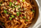 Delicious bowl of spicy peanut butter noodles garnished with fresh herbs