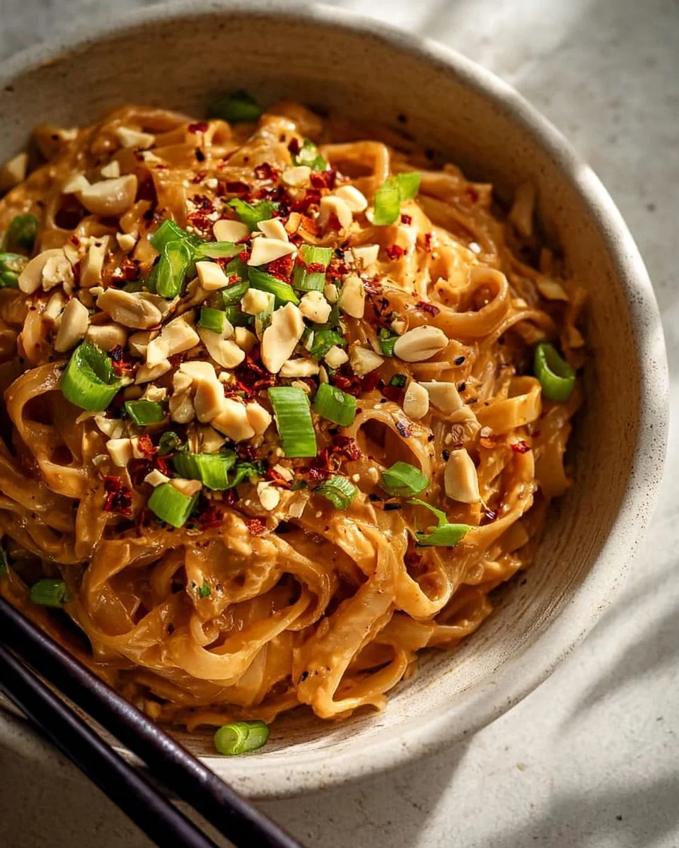 Delicious bowl of spicy peanut butter noodles garnished with fresh herbs