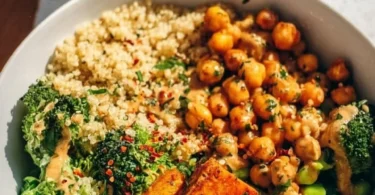 Spicy Roasted Sweet Potato Buddha Bowl with vibrant vegetables and grains