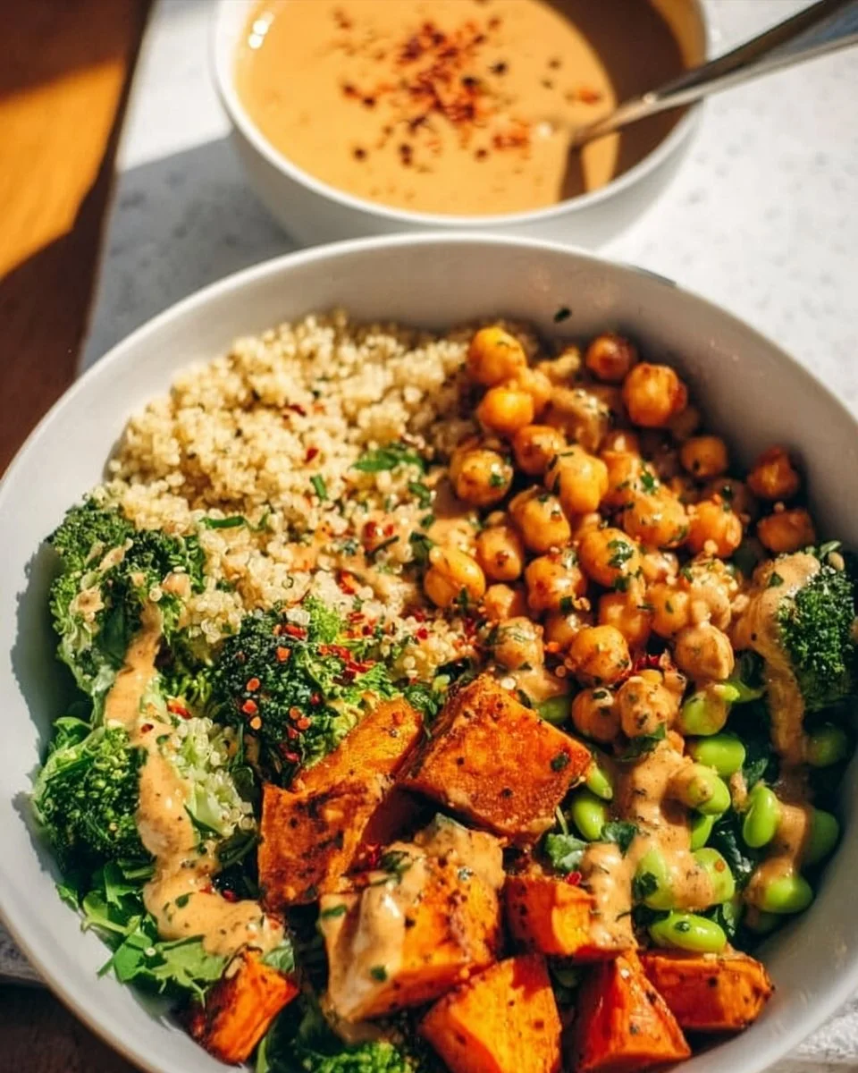 Spicy Roasted Sweet Potato Buddha Bowl with vibrant vegetables and grains