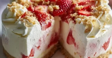 Delicious Strawberry Crunch Cheesecake topped with a sweet, crunchy layer